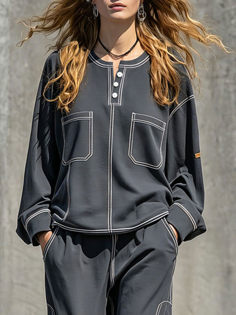Sporty Retro Dark Gray Cotton Sweatshirt And Cargo Pants Set
