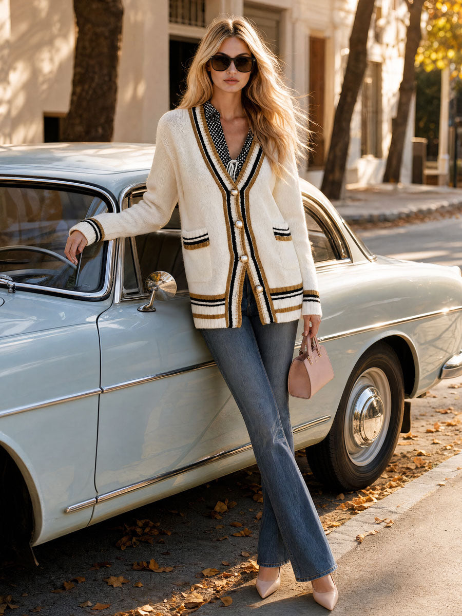 Retro-style Color-blocked White Knit Cardigan