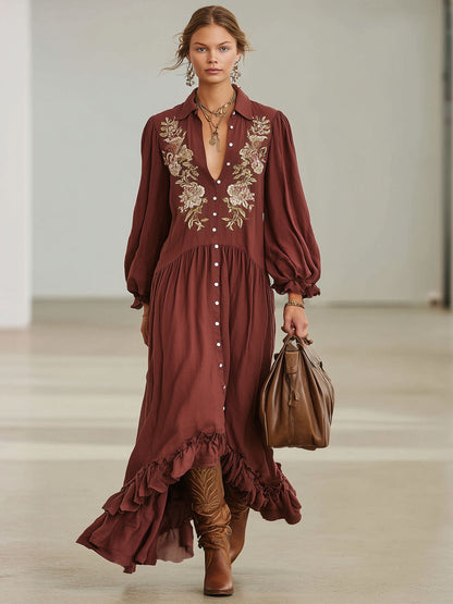 Bohemian Style Floral Embroidered Lapel Single-breasted Cotton Linen Maxi Dress
