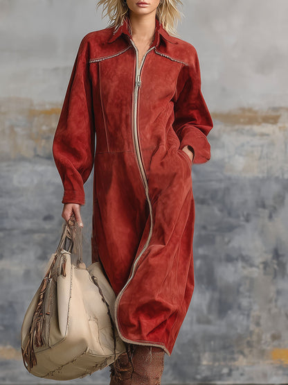 Western-style Lapel Zipper Color-blocked Faux Suede Midi Dress