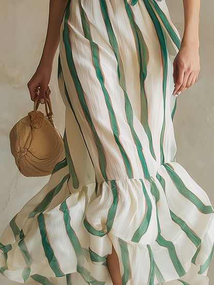 Stylish And Elegant Color-blocked Striped Chiffon Midi Dress