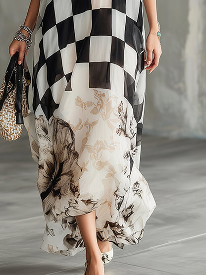 Stylish And Modern Checkered Floral Print Chiffon Short-sleeved Maxi Dress