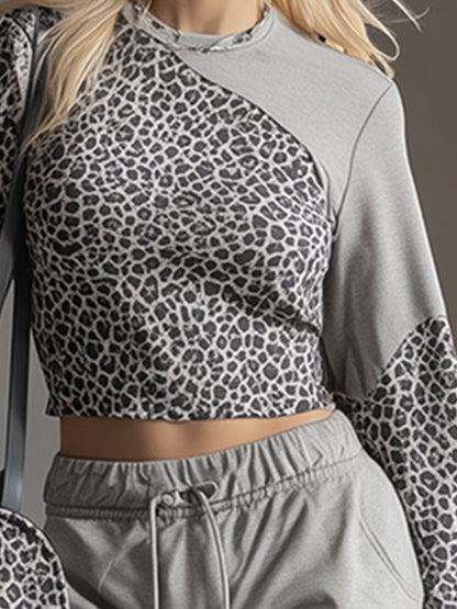 Trendy Casual Sporty Leopard Print Patchwork Gray Sweatshirt And Wide-Leg Pants Set
