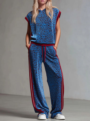 Leopard Print Hooded Sleeveless Top And Velvet Trousers Set