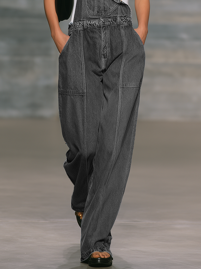 Loose-fitting Casual Wide-leg Gray Denim Overalls