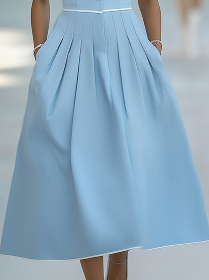 Simple Elegant Perfume Pearl Button Sleeveless Blue Midi Dress