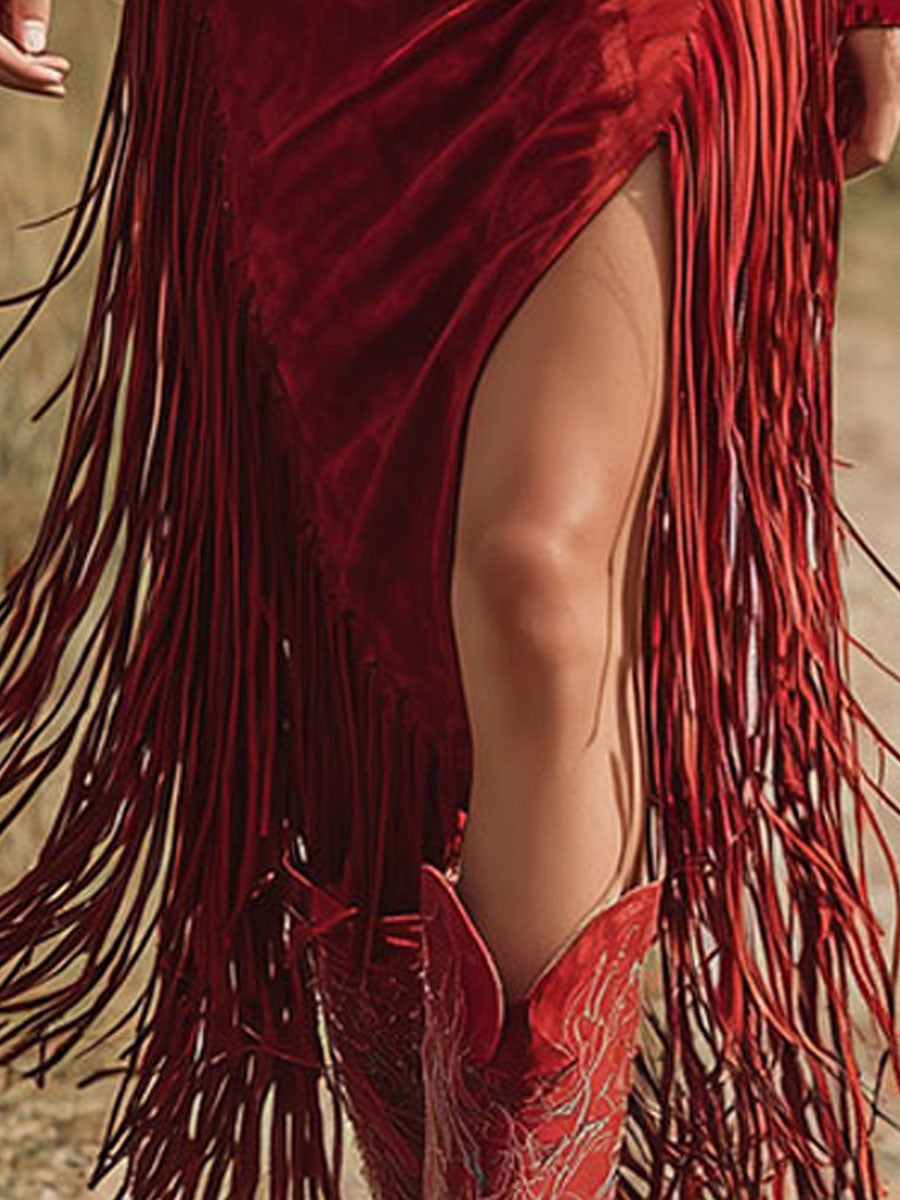 Western Style Vintage Embroidered Red Fringed Faux Suede Midi Dress