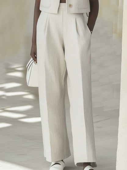 Elegant Light Off-White Linen Sleeveless Jacket and Pants Set