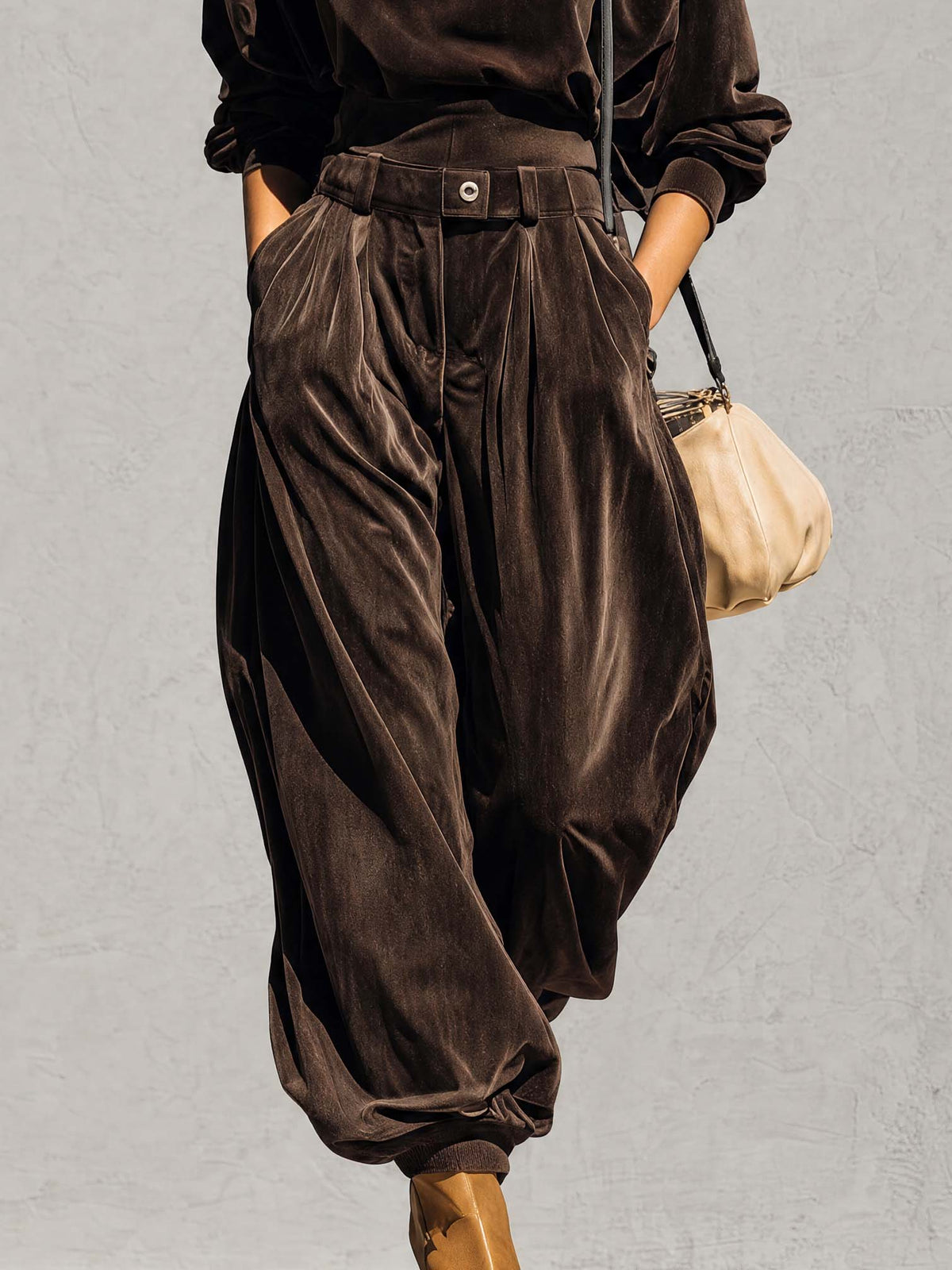Vintage Sophisticated Casual Brown Velvet Hoodie And Loose Pants Set
