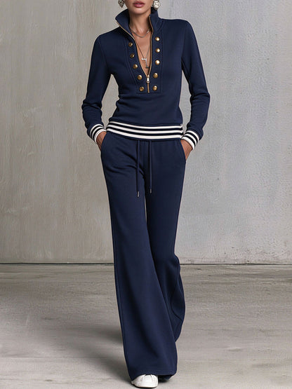 Fashionable Sporty Grey Half-zip Button Sweatshirt And Wide-leg Pants Set