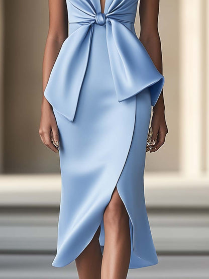 Elegant V-neck Waist Bow Design Light Blue Satin Midi Dress