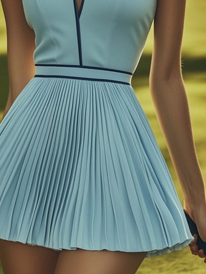 Fashion V-neck Light Blue Tennis Pleated Mini Dress