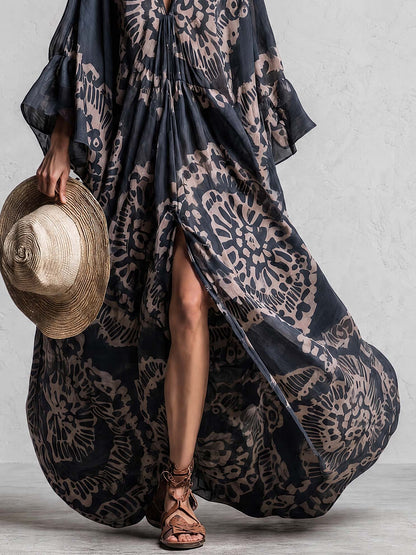 Elegant And Flowing Retro Print V-neck Dark Blue Chiffon Slit Maxi Dress