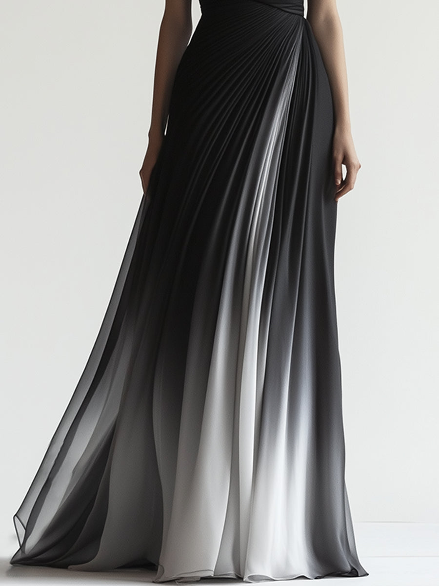 High-end Elegant Black and Gray Gradient One Shoulder Maxi Dress