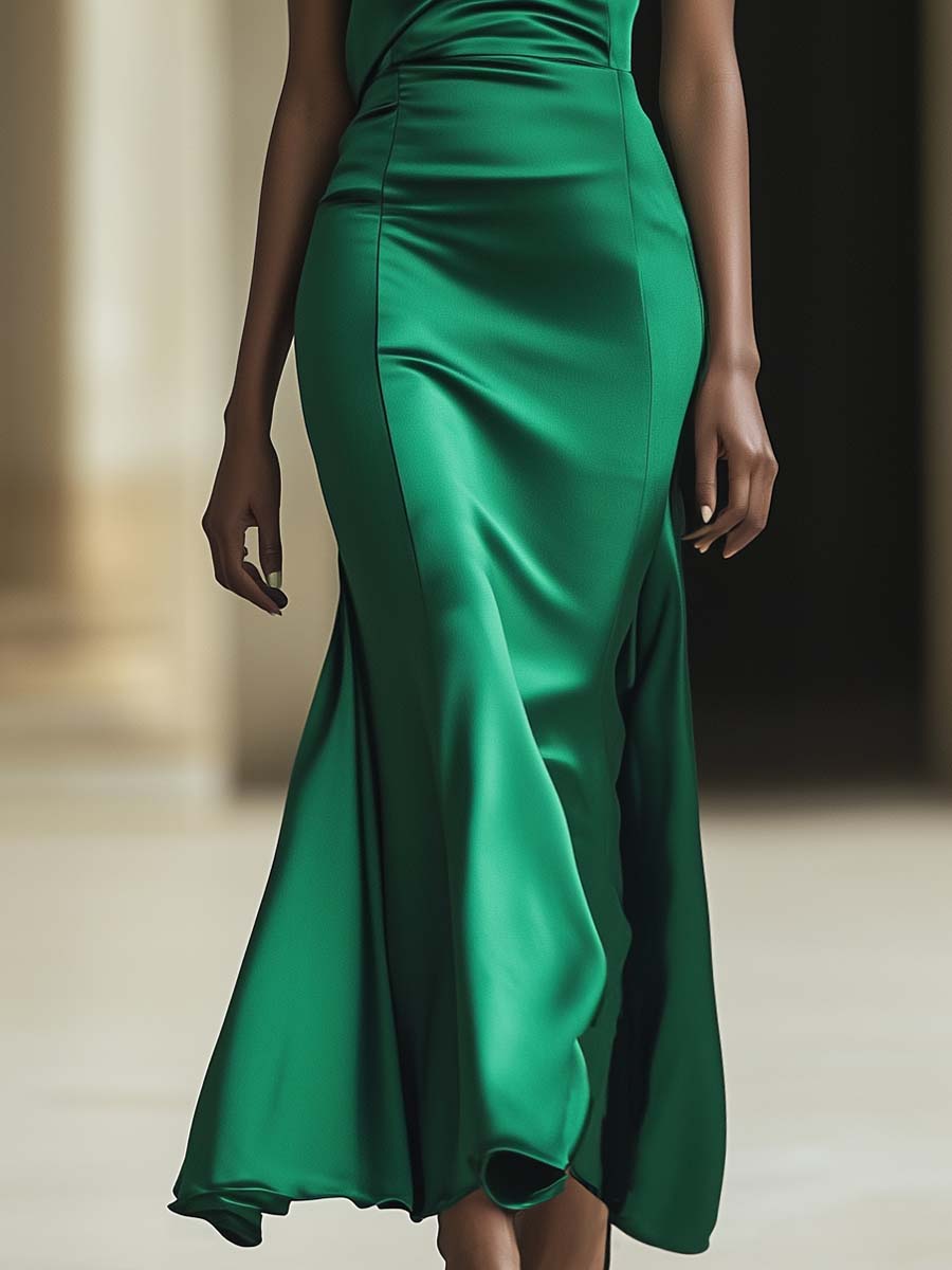 Elegant Personality One-shoulder Green Satin Maxi Dress