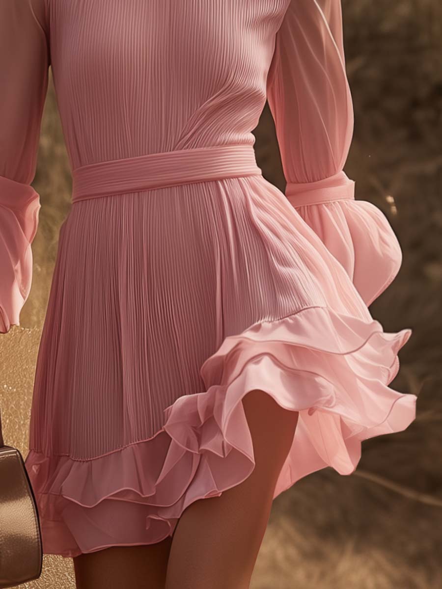 Elegant and Fashionable Half-high Collar Pleated Chiffon Pink Mini Dress