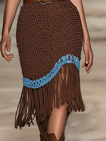 Retro Fashion Blue Brown Contrast Crochet Sleeveless Midi Dress