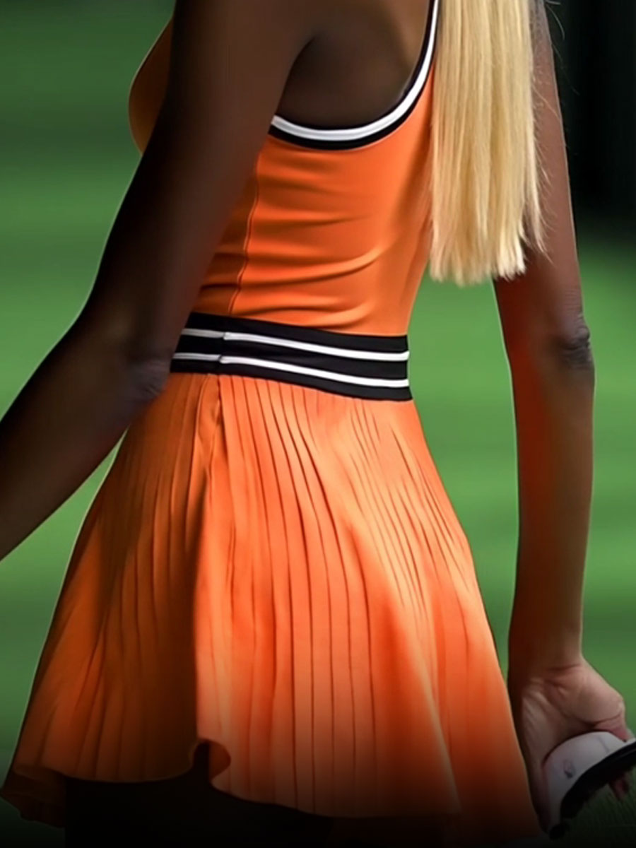 Fashionable Sports Black And White Trim Orange Sleeveless Pleated Mini Dress