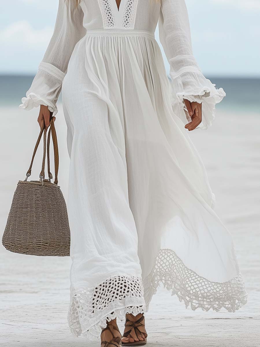 Casual Loose V-neck Hollow White Maxi Dress