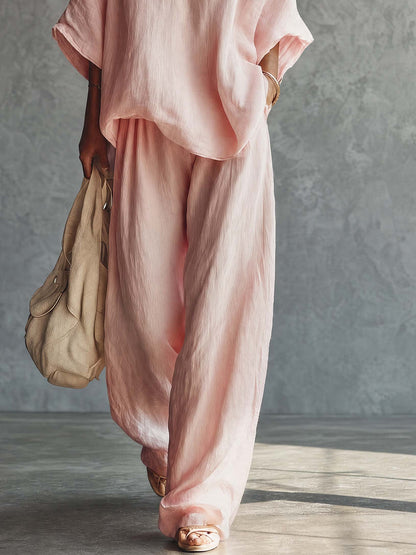 Casual Urban Bohemian Style V-neck Pink Cotton Blouse And Pants Set