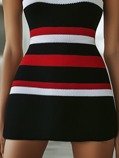 Elegant And Fashionable Black And Red Contrast Sleeveless Knitted Mini Dress