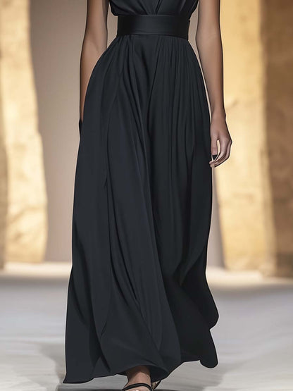 Elegant Simple and Generous V-neck Black Satin Jumpsuit