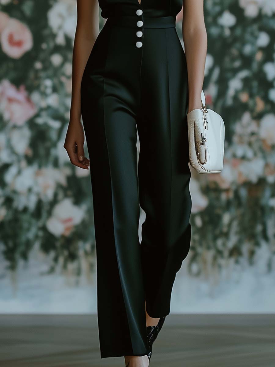 Elegant and Simple V-neck Contrast Button Black Satin Jumpsuit