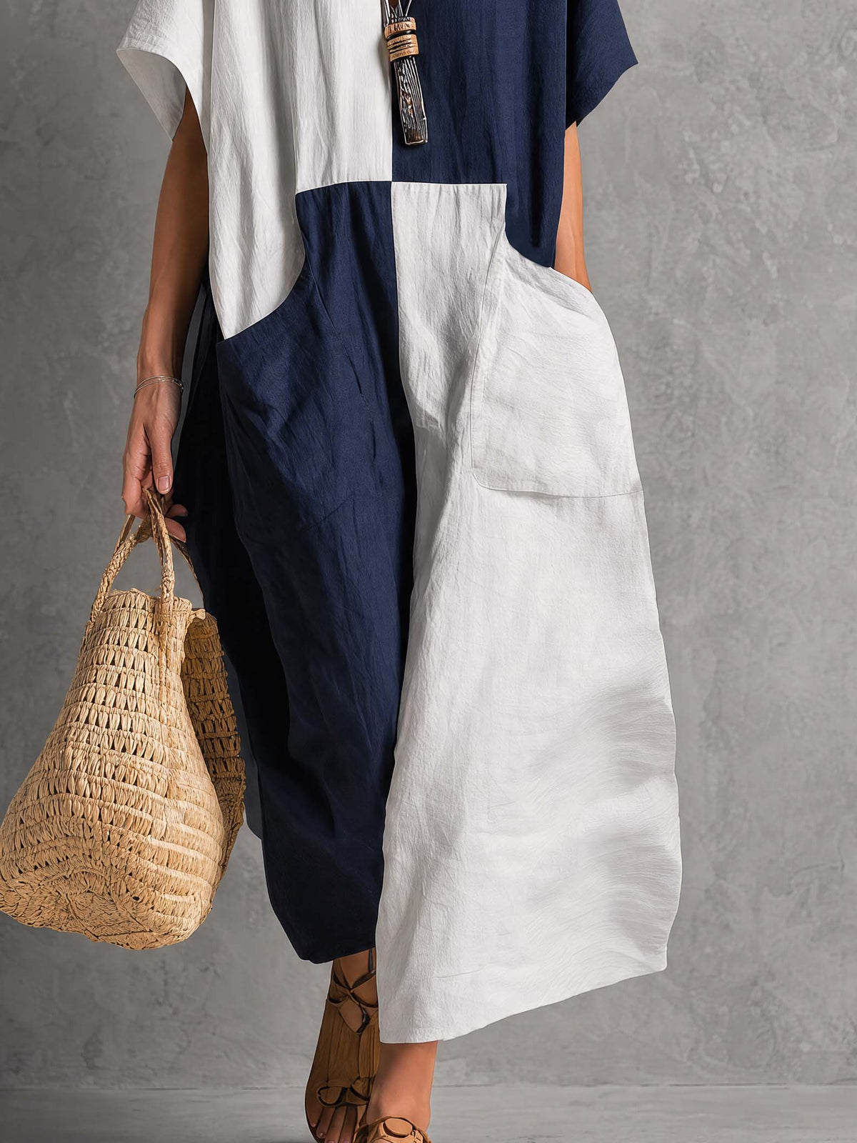 Retro White And Blue Color Blocked Cotton And Linen Short Sleeved Midi Dress