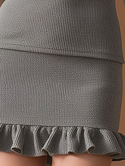 Stylish Sporty Grey Waffle-knit Short-sleeved Top And Skirt Set