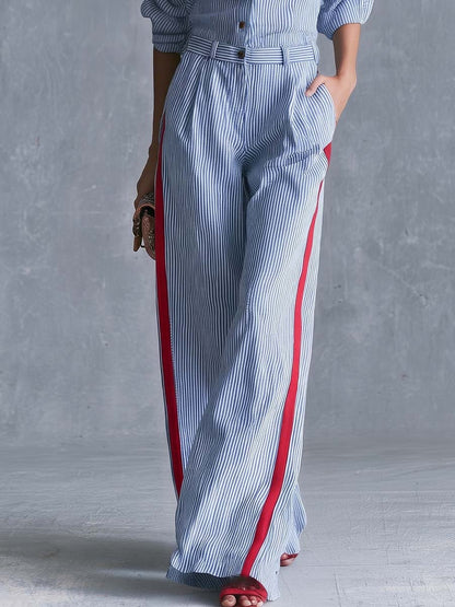 Casual Fashion Lapel Button-front Light Blue Striped Jumpsuit