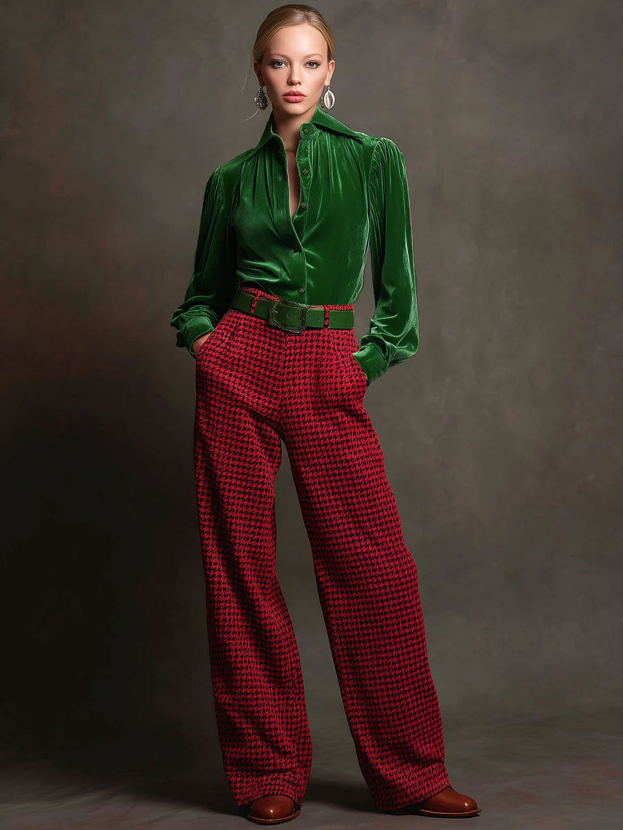 Retro Green Velvet Pleated Long-sleeved Shirt And Houndstooth Wide-leg Pants Set