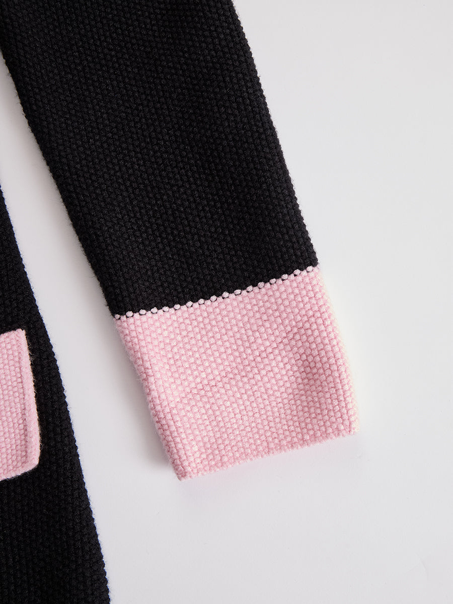 【24-hour shipping out】Black Contrast Pink Knitted Jacket And Skirt Set