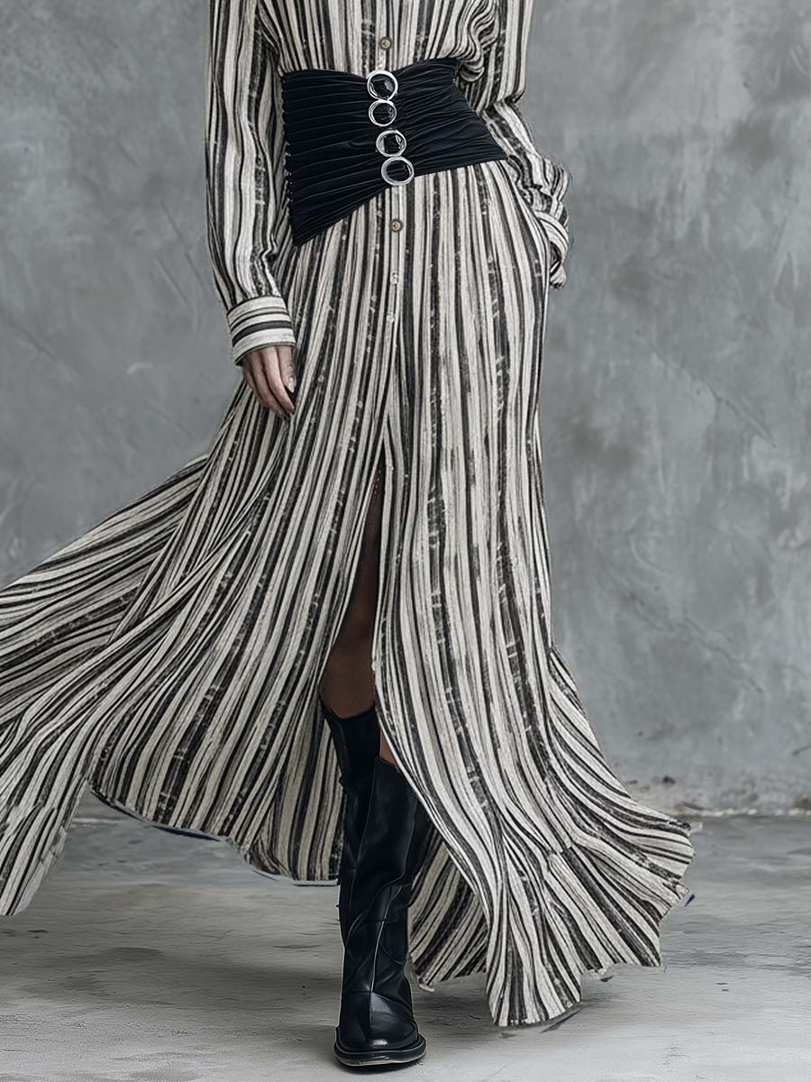 Retro Fashion Flowy Black And White Striped Chiffon Shirt Dress