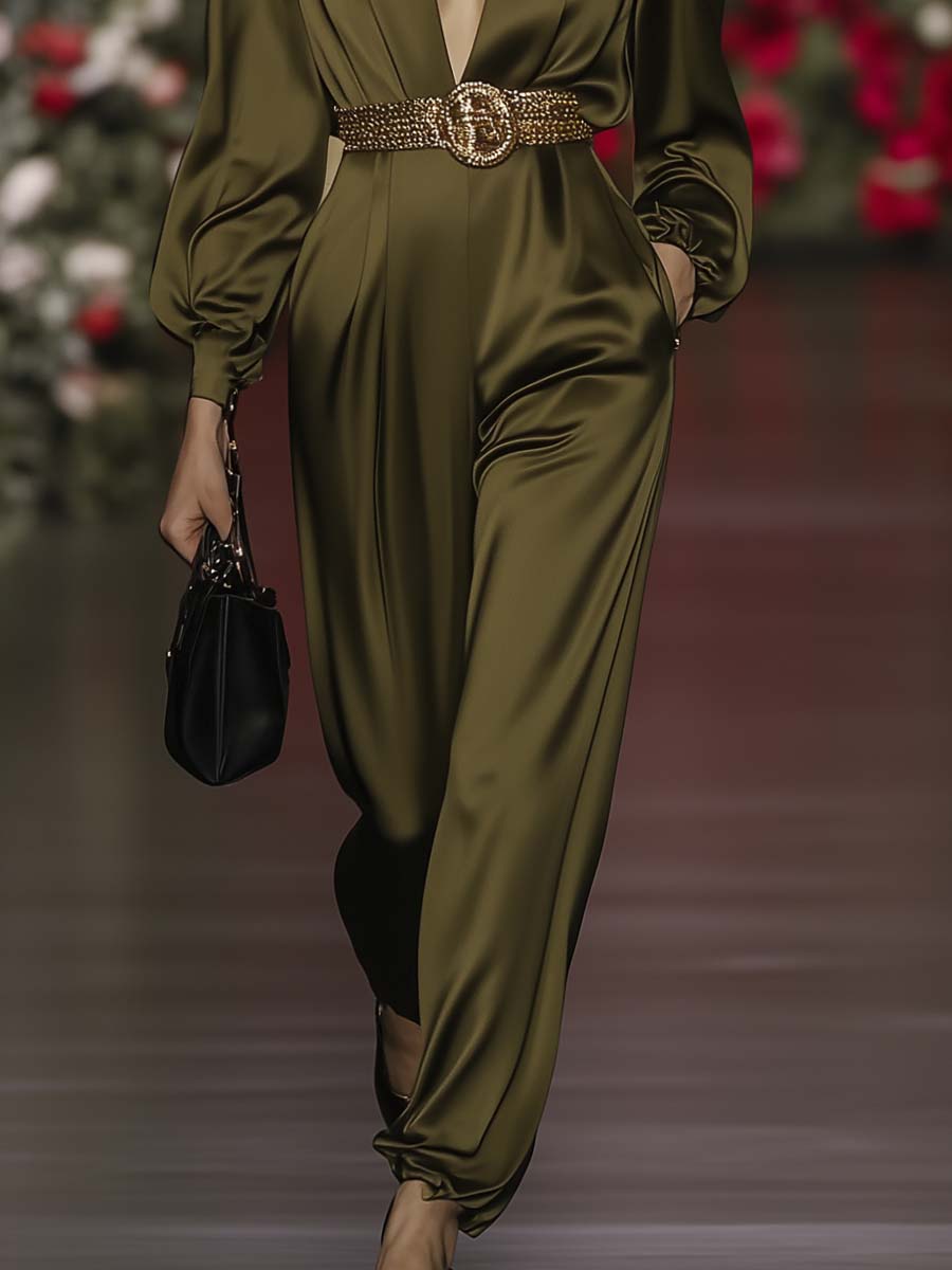 Elegant and Fashionable V-neck Belted Olive Green Satin Jumpsuit