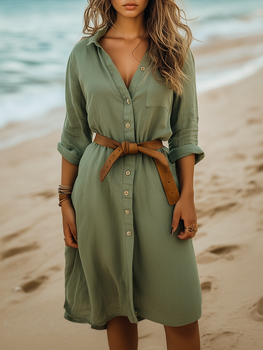 Boho Long Sleeve Belted Shirt Dress