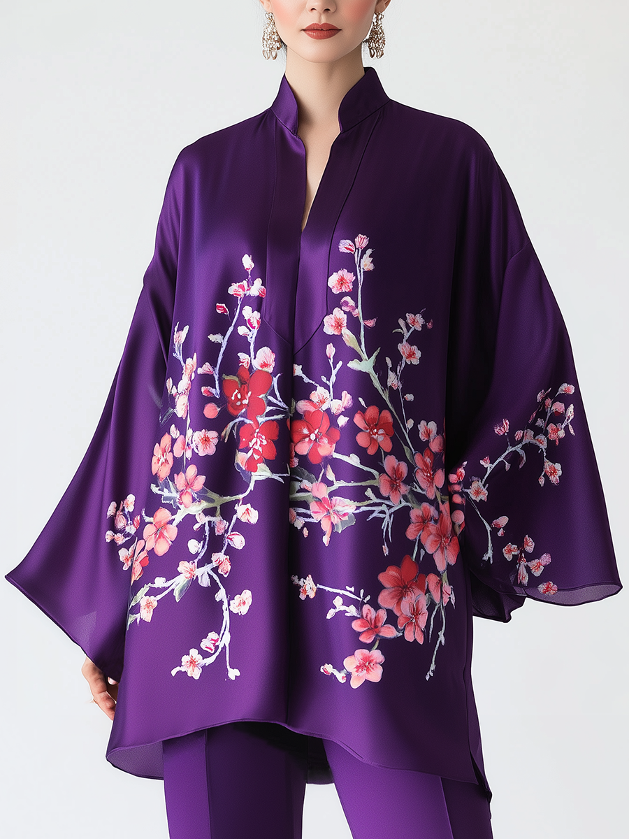 Elegant Satin Plum Blossom Print V-Neck Shirt