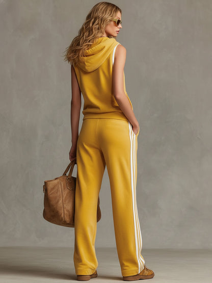 Sporty Retro Striped Yellow Cotton Blend Sleeveless Hooded Sweatshirt And Pants Set
