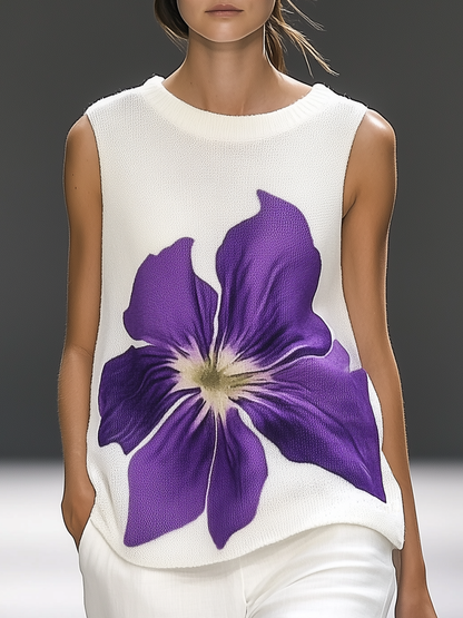 Casual Elegant Purple Floral Knitted Tank Top