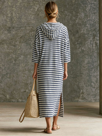 Casual Sporty Retro Black And White Striped Pure Cotton Hooded Midi Dress