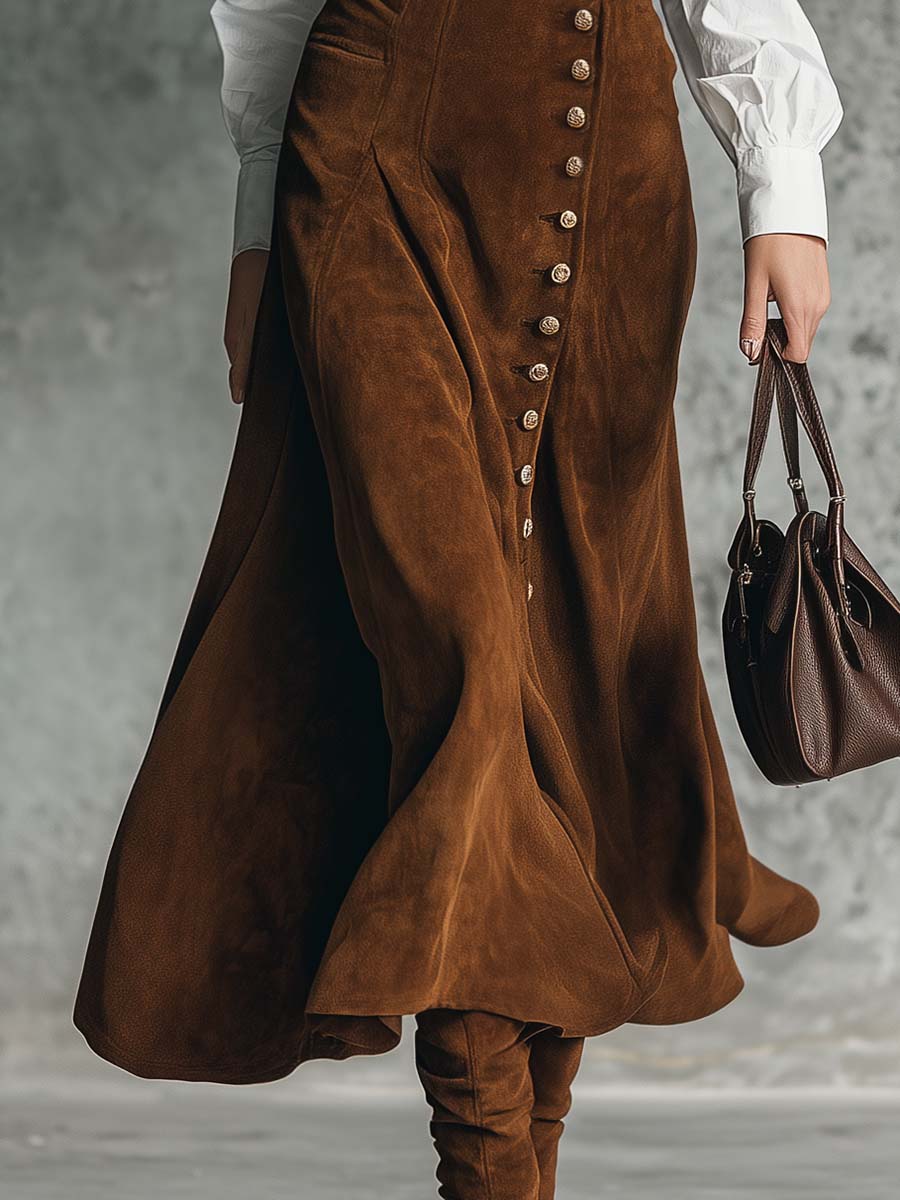 Vintage Versatile Exquisite Elegant Front Button Brown Suede High-waisted Skirt