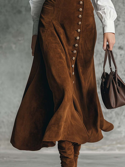 Vintage Versatile Exquisite Elegant Front Button Brown Suede High-waisted Skirt
