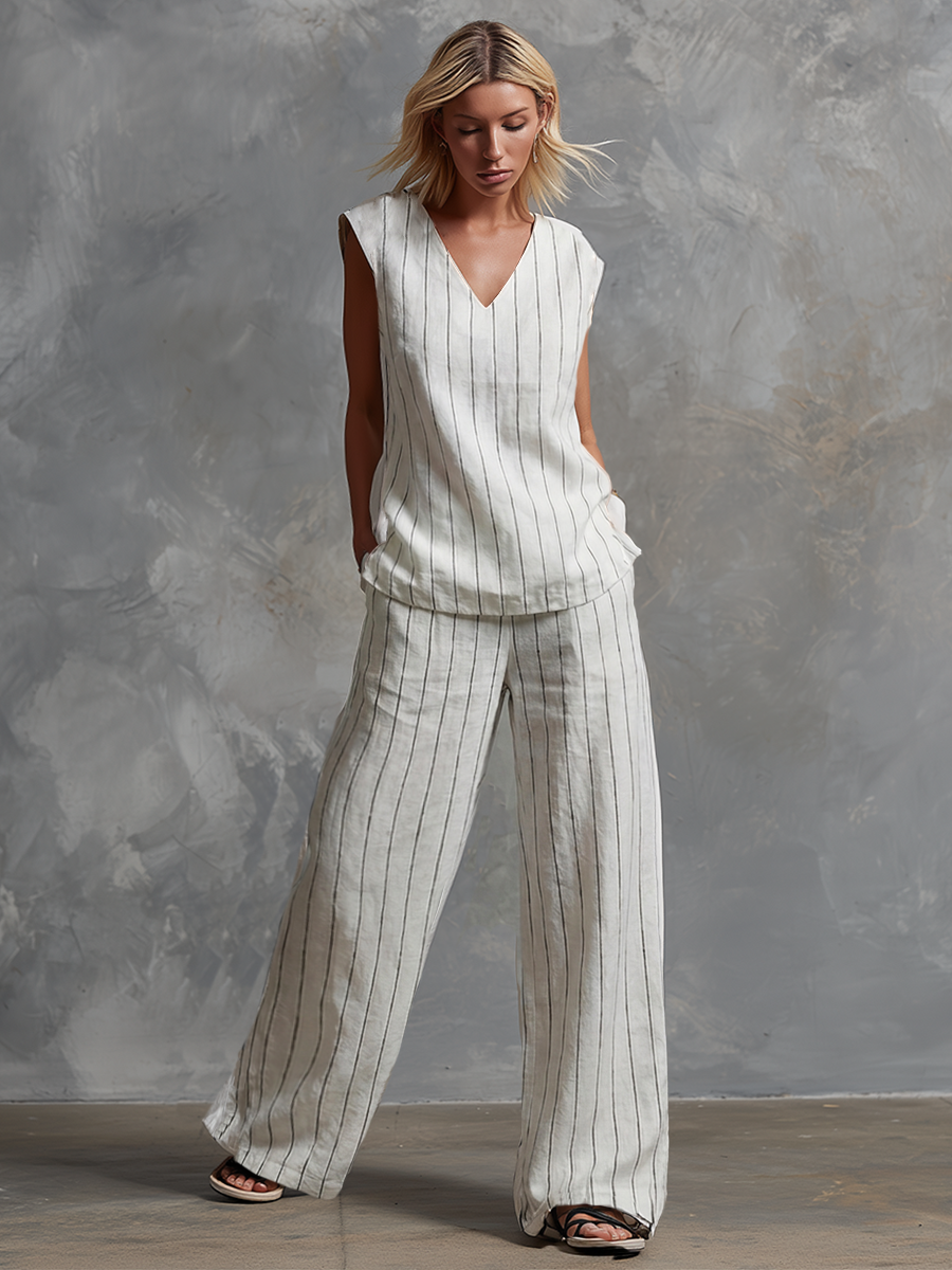 Classic Striped White Cotton Sleeveless Top And Wide-leg Pants Set