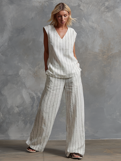 Classic Striped White Cotton Sleeveless Top And Wide-leg Pants Set