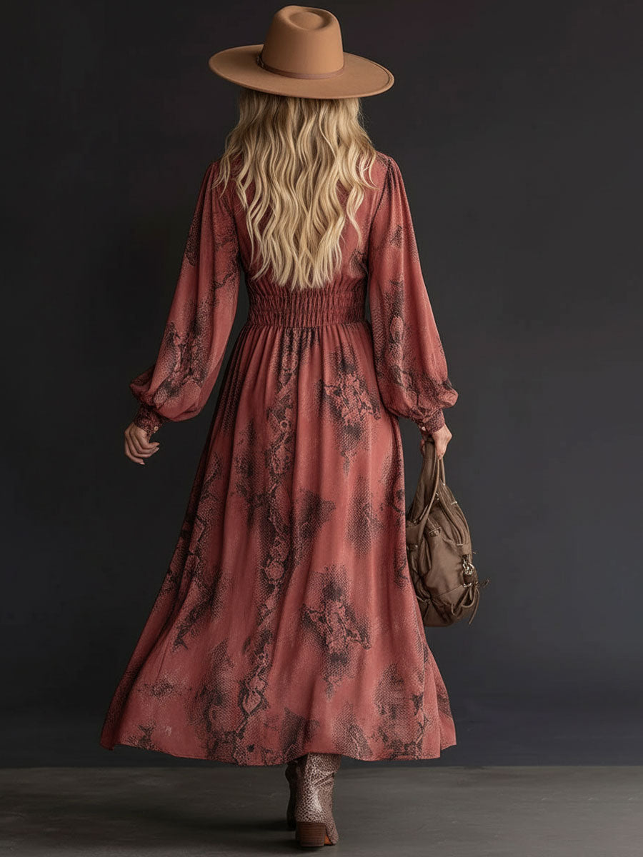 Fashionable Retro Brick Red Chiffon Snakeskin Elastic Waist Long Sleeve Maxi Dress