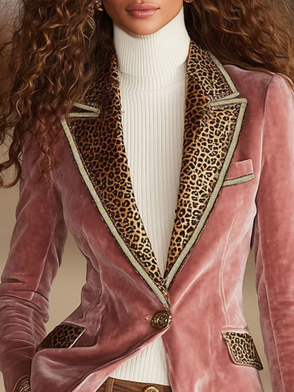 Pink Velvet Stitching Leopard Print One Button Blazer