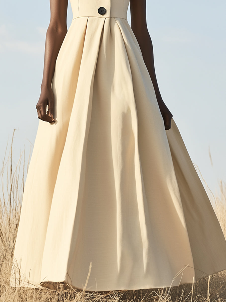 Elegant and Simple Black Button Stand Collar Sleeveless Maxi Dress