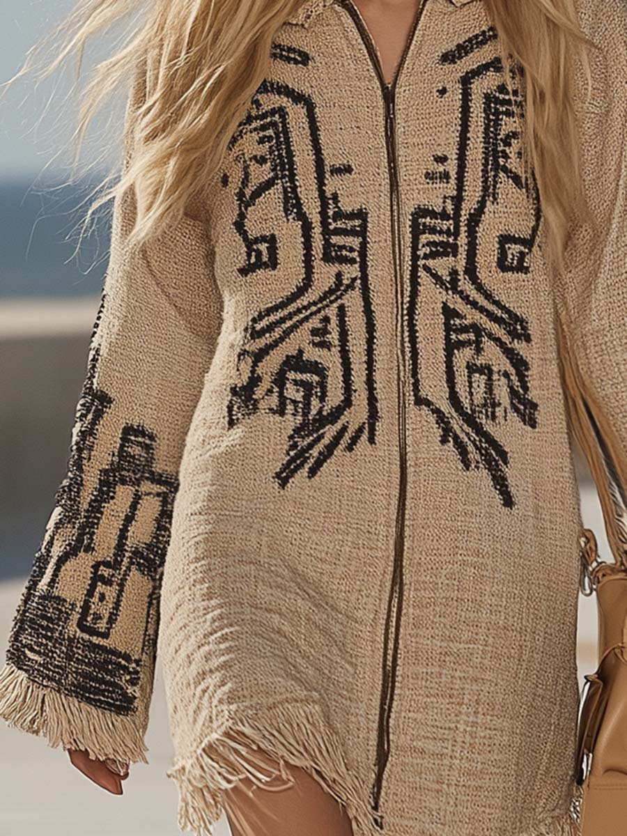 Retro Front Zipper Geometric Pattern Embroidery Tassel Beige Linen Mini Dress