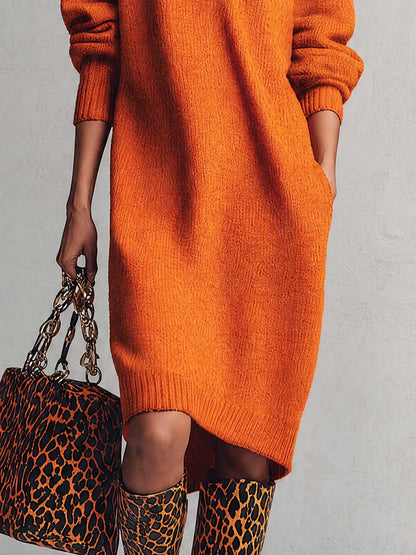 Comfortable And Fashionable Lapel Front Button Orange Knitted Midi Dress