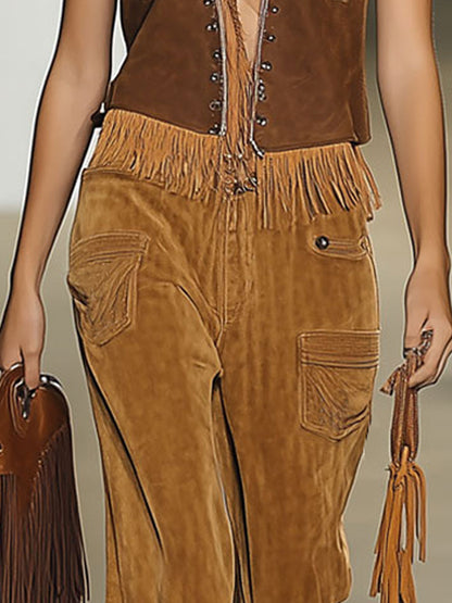 Casual Loose Vintage Caramel Suede Rivet Tassel Wide Leg Pants