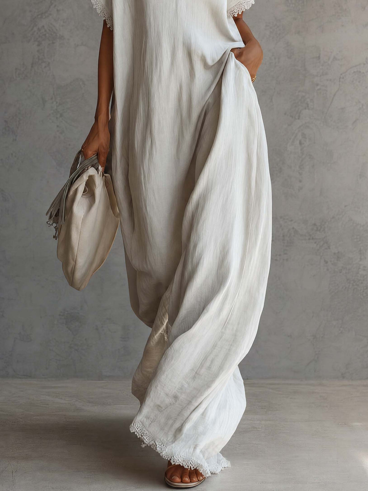 Casual Bohemian Urban V-neck Short-sleeved Lace Trim White Cotton Maxi Dress